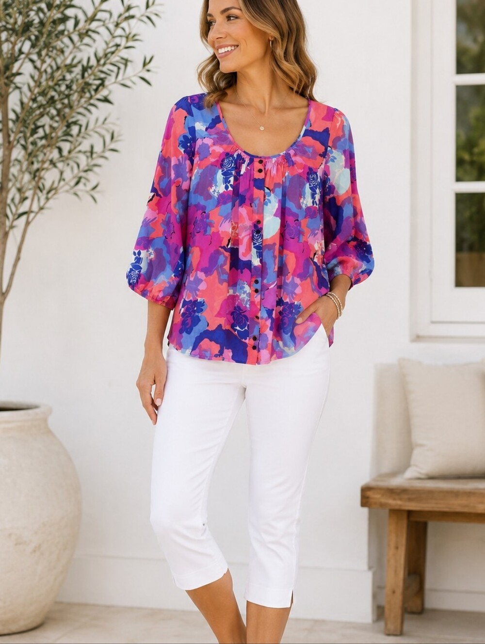 Yumi Kim 100% Silk Balloon Sleeve Scoop Neck Floral Blouse Feminine Women's S